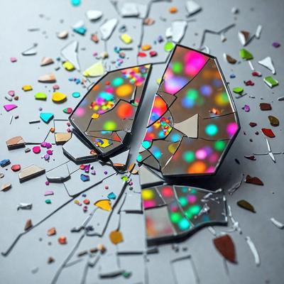 The primary subject of the image is a broken mirror with a colorful pattern on it. The mirror is placed on a gray surface, which serves as the setting or background. The visual style of the image is a combination of photo and digital art, as it appears to be a close-up of the mirror with a colorful pattern. The colors and mood of the image are vibrant and lively, with the mirror reflecting the colorful pattern and creating a visually engaging scene.
